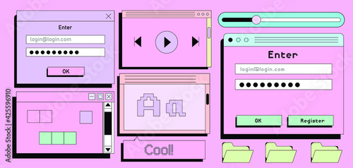 Set of retro user interface tabs and icons. Screen panels and dialog boxes of computer software.