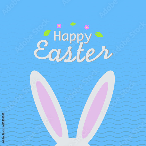 Happy Easter card with cute bunnies ears, baby rabbit on tender blue background for kids cartoon vector illustration. Funny rabbits for easter holiday card.