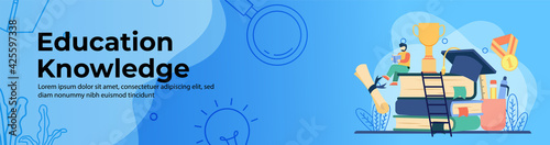 Education knowledge concept Web Banner Design. student study on stack of books with trophy and graduation roll. online education, digital classroom. E-Learning concept. header or footer banner.