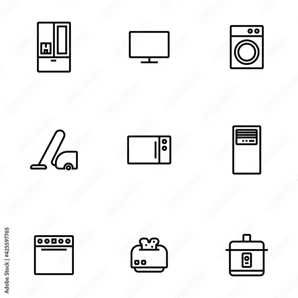 9 Simple linear home appliance icon illustration set