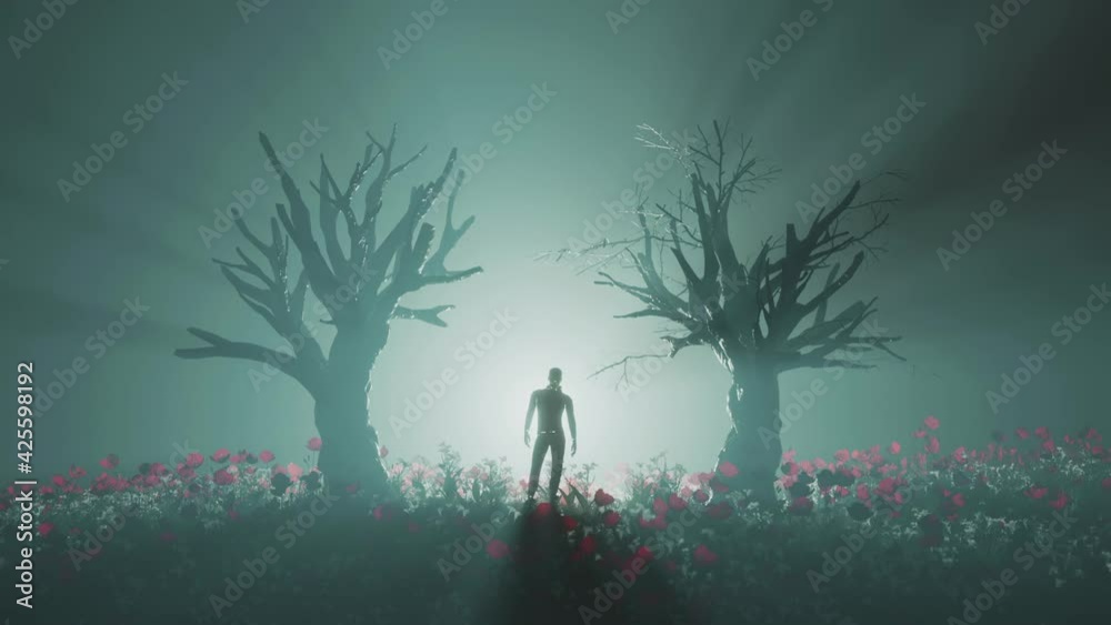 Man standing in poppy field between two dead trees, cgi animation