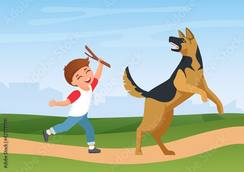 Happy boy kid training, playing with dog vector illustration. Cartoon funny child and doggy friend pet play in nature summer park landscape, fun time and love friendship for animals background