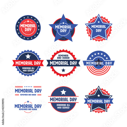 Memorial day badge collection. United States of America patriotic day emblem design. Red white and blue american symbol.