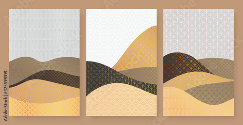 Abstract contemporary aesthetic desert fields nature landscape with geometric patterns vector illustration set. Trendy wall decoration, luxury art deco wallpaper design gold shapes