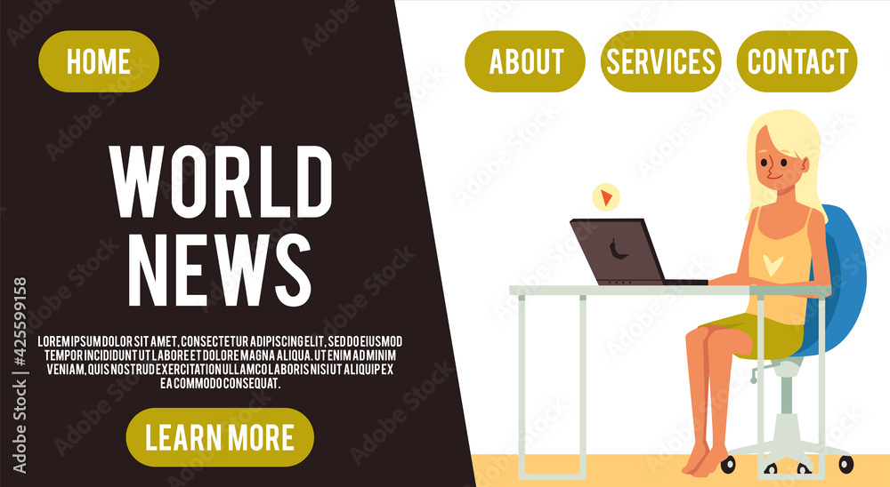 World news web banner with woman watching news, flat vector illustration. World news web banner with woman watching news, flat vector illustration.