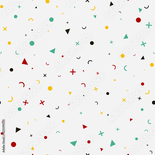 Seamless pattern of colorful shapes, random shapes in different colors and locations. Cute vector doodle background. Vector