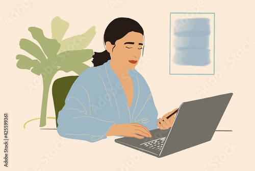 Pretty woman with plant leafs behind working on laptop at home office. Remote working. Vector Illustration.