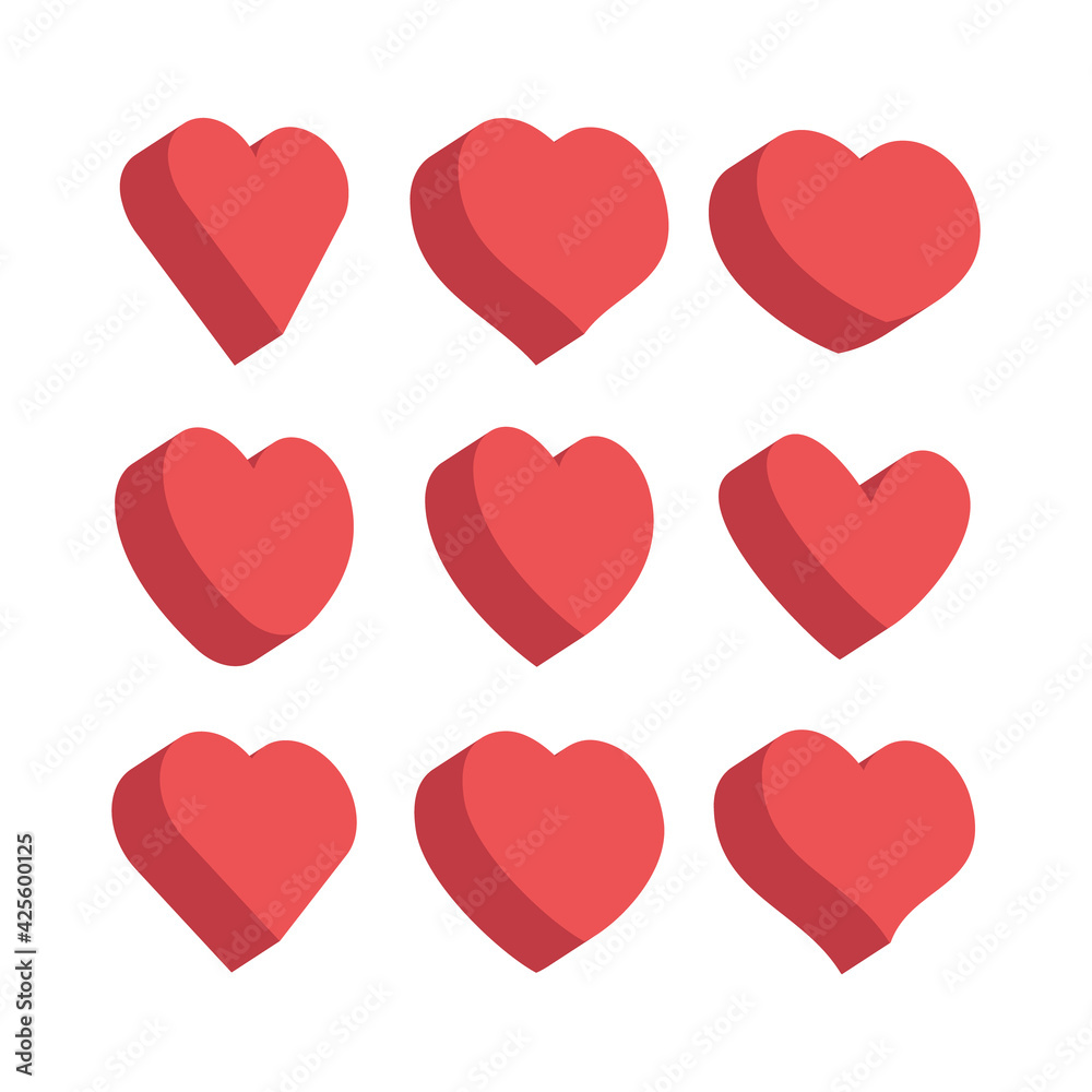 Heart flat 3d icon collection. Red hearts vector isometric illustrations. Heart flat 3d icon collection. Red hearts vector isometric illustrations.