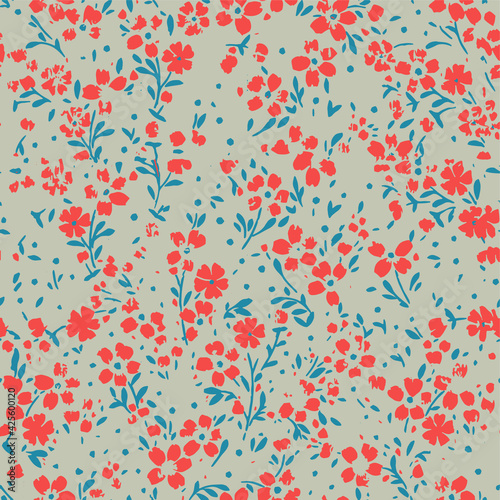 Seamless pattern with flowers, leaves. Abstract floral background. Summer print. Fabric design, wallpaper on natural linen texture as background 