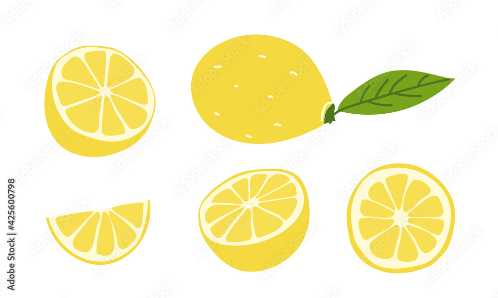 Fresh juicy lemons. Whole, halves, parts of vitamin fruits. Set of vector illustrations in flat style isolated on white background.