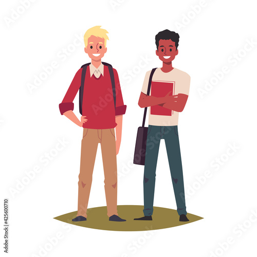 Students of various ethnicity with bags, flat vector illustration isolated.