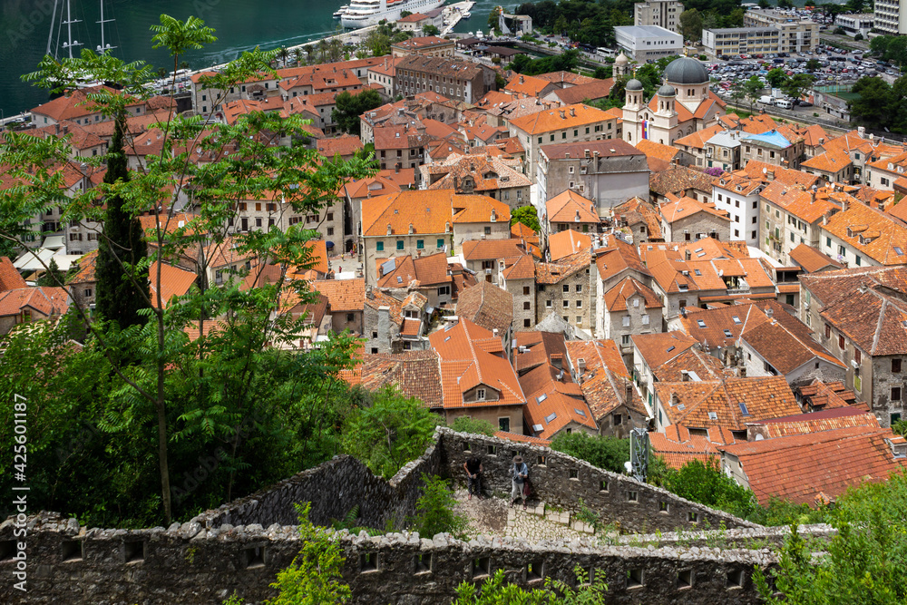 View from the mountains to the old town of Kotor, Montenegro