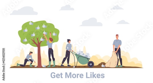 Vector cartoon flat farmer characters grows,harvesting like hand symbols with farm equipment tools-social media marketing,management,smm,creative concept for web online banner,ad,site design