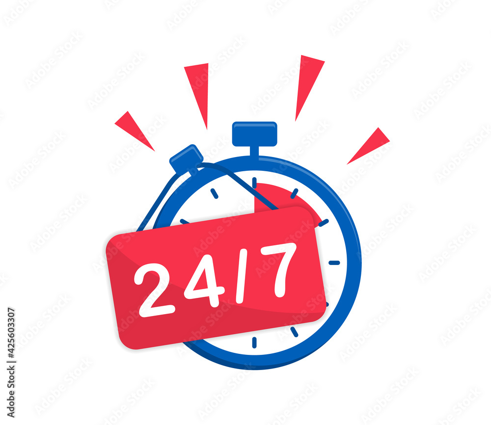 24 7 service. 24-7 open, concept with timer. Banner 24 hours a day open. Vector Illustration. 24 7 service. 24-7 open, concept with timer. Banner 24 hours a day open. Vector Illustration.