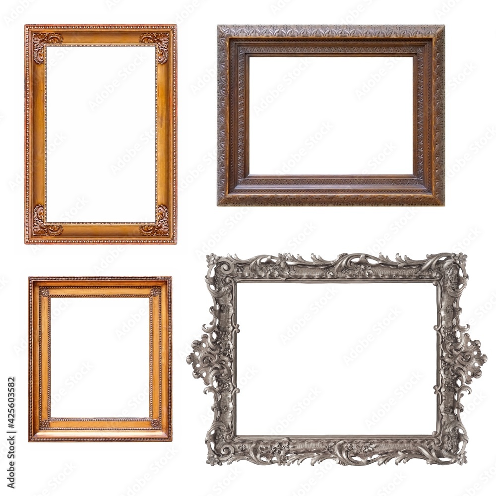 Set of golden frames for paintings, mirrors or photo isolated on white background Set of golden frames for paintings, mirrors or photo isolated on white background
