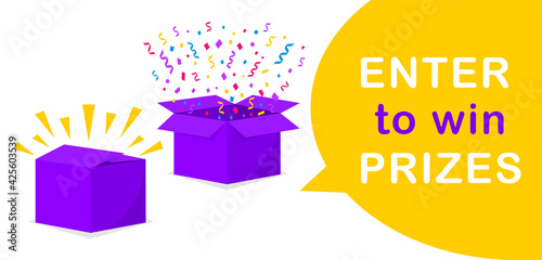 Surpise gift box. Opened box with burst confetti and ribbons. Enter to win prizes. Design element for celebration, holiday and birthday. Vector illustration.