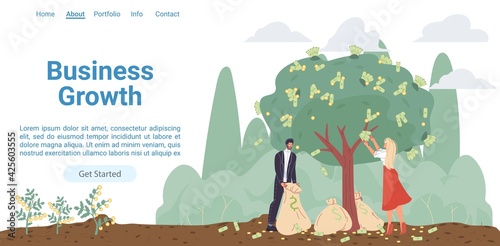Vector cartoon flat business characters grows profit,harvesting money income from tree-financial future investment,startup,business growth concept for web online landing page template,site design