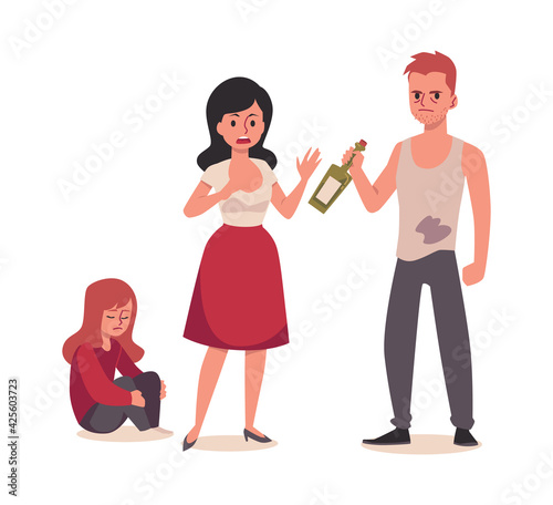 Alcohol addiction and family conflict, flat vector illustration isolated.