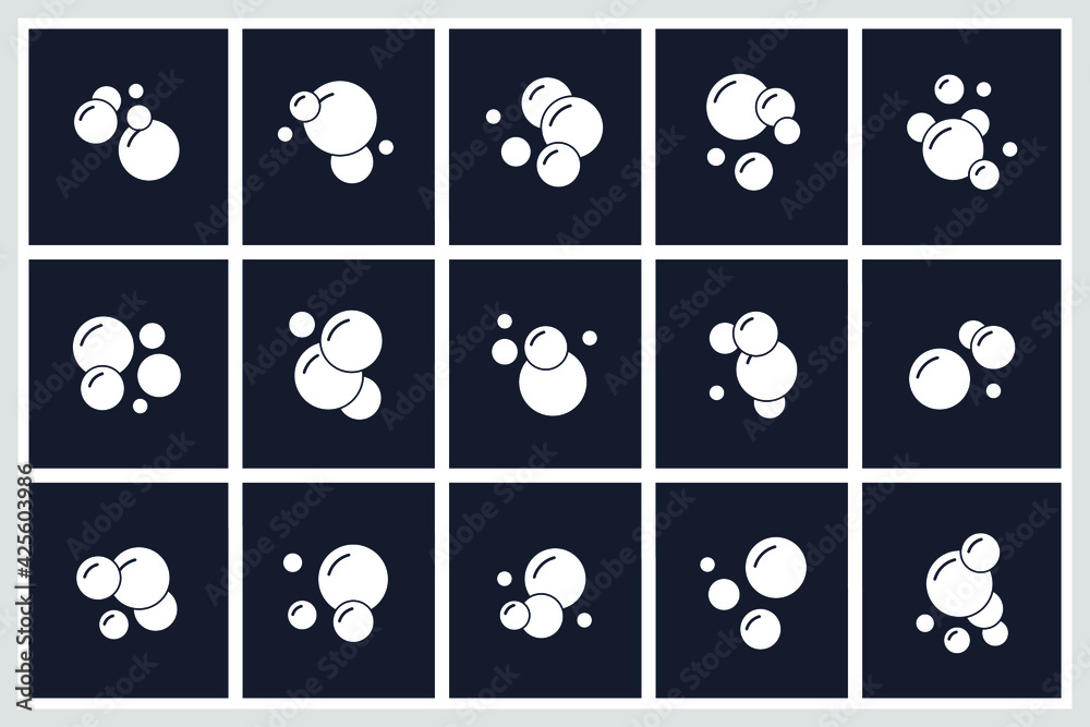 Set of Bubbles icon. Soap foam, fizzy drink, oxygen bubble pictogram pack symbol template for graphic and web design collection logo vector illustration Set of Bubbles icon. Soap foam, fizzy drink, oxygen bubble pictogram pack symbol template for graphic and web design collection logo vector illustration