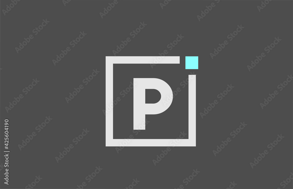 grey P alphabet letter icon logo. Square design for company and business identity with blue dot grey P alphabet letter icon logo. Square design for company and business identity with blue dot