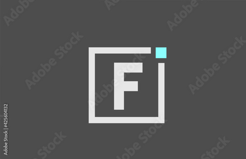 grey F alphabet letter icon logo. Square design for company and business identity with blue dot