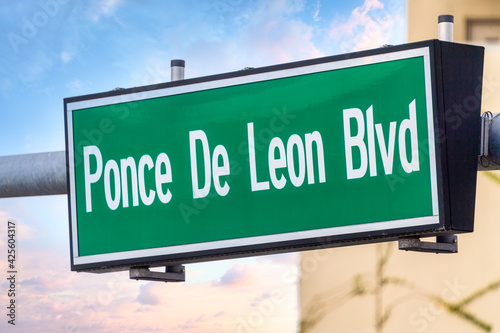 'Ponce de Leon' boulevard traffic sign in Coral Gables, Florida, USA