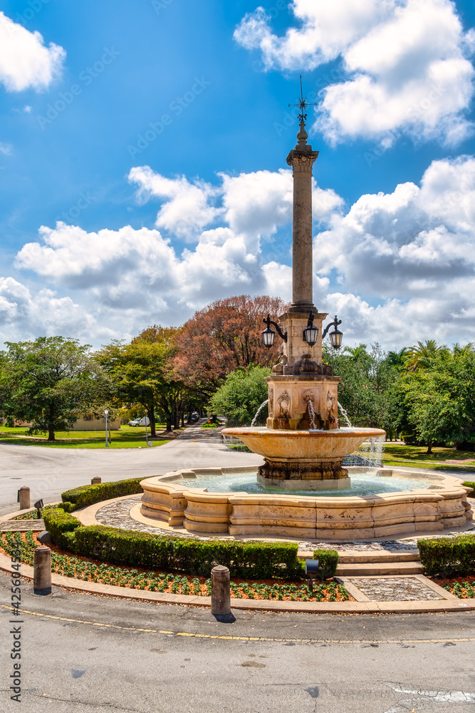 De Soto fountain in the traffic circle of the same name in Coral Gables, Florida, USA