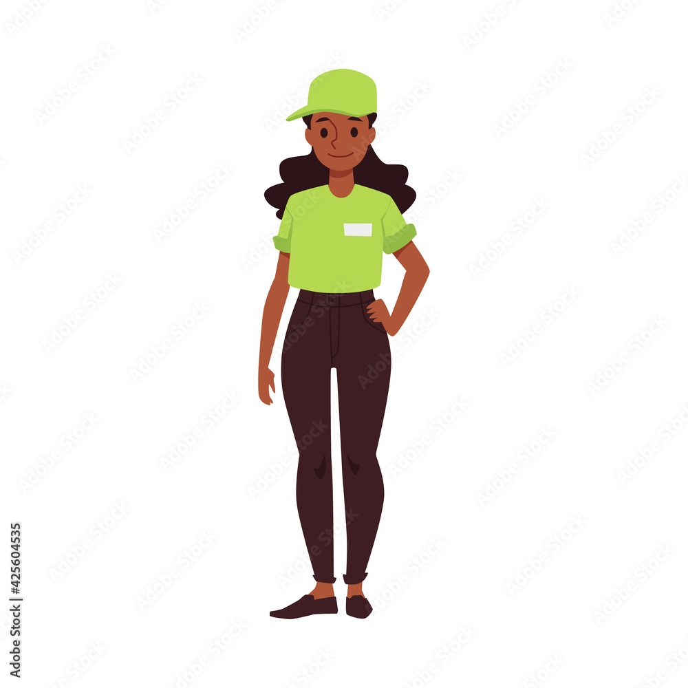 Female fast food worker or waitress, flat vector illustration isolated.
