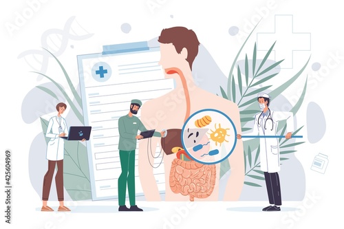 Cartoon flat doctor characters at work,physicians with medical devices in uniform lab coats study digestive system-human anatomy internal organ disease medical treatment and therapy concept