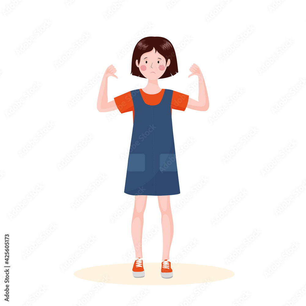 The girl is standing with her thumbs down. The girl is feeling bad. The girl is standing with her thumbs down. The girl is feeling bad.