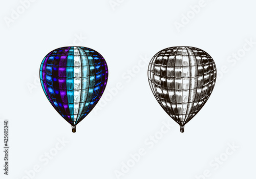 Vintage Hot Air Balloon. Vector retro flying airship with decorative elements. Template transport for Romantic logo. Hand drawn Engraved sketch.