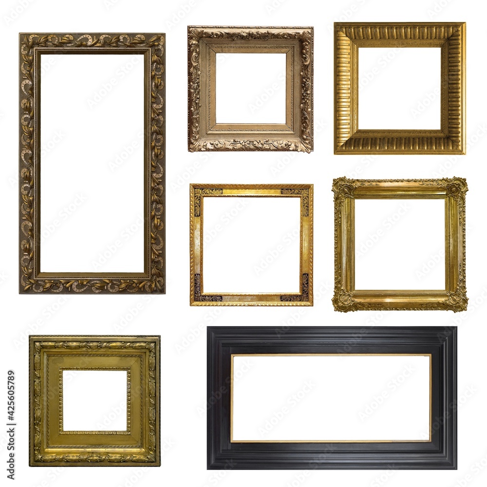 Set of golden frames for paintings, mirrors or photo isolated on white background Set of golden frames for paintings, mirrors or photo isolated on white background