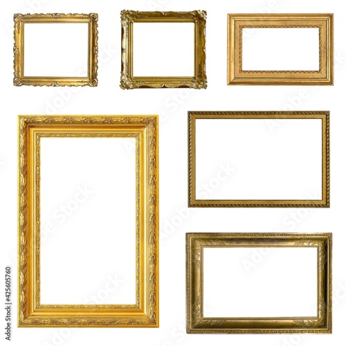 Set of golden frames for paintings, mirrors or photo isolated on white background