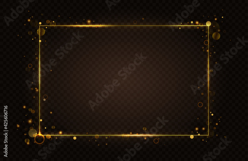 Gold glowing rectangular frame, light effect vector illustration. Luxury luminous golden neon frame lines with flying abstract sparkling flash, glares and particles on transparent black background