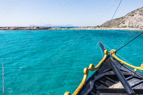 Boat trip to Gyali. Bow of a ship. Volcanic island in the Dodecanese, between Kos and Nisyros in Greece. Beautiful clear blue water