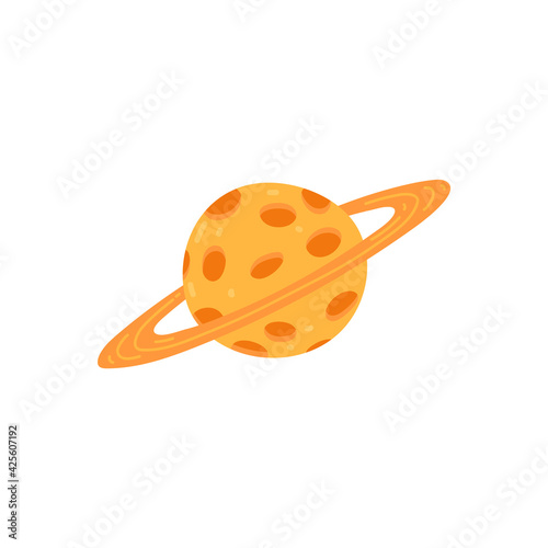 Saturn planet with craters and gas rings, flat vector illustration isolated.