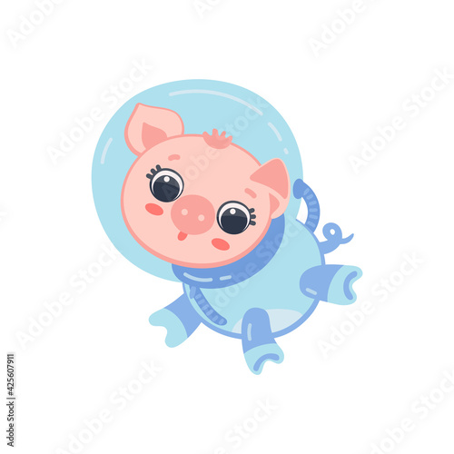 Cartoon pig astronaut, cute animal in space suit a flat vector illustration.