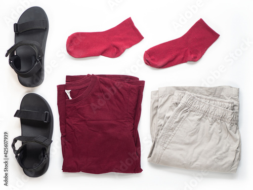 Chilling day outfit dark red color tshirt, socks, black minimal sandal, khaki shorts