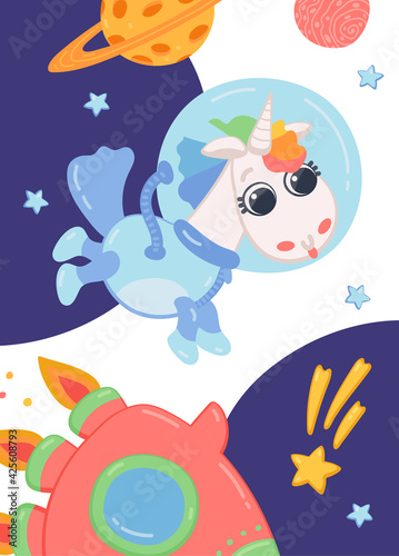 Pony horse astronaut flying in space with stars, planets and rocket.