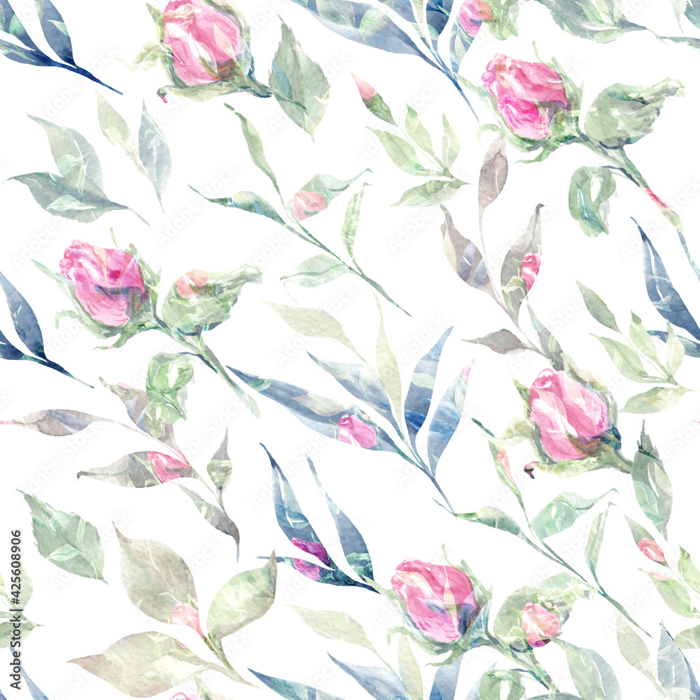 Floral watercolor hand drawn background with flowers and petals. simple roses seamless pattern.