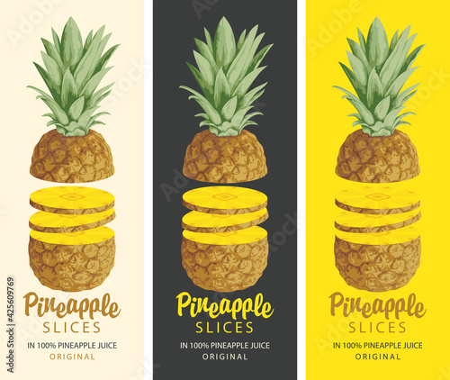 Set of three vertical labels for pineapple slices with calligraphic inscription and realistic sliced pineapple on various backgrounds. Natural ripe sweet pineapple. Vector illustrations in retro style