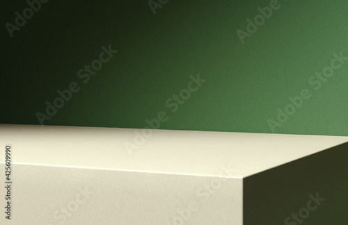 Fototapeta Naklejka Na Ścianę i Meble -  3D illustration of wooden board corner at green wall lit by diagonal light stripe.