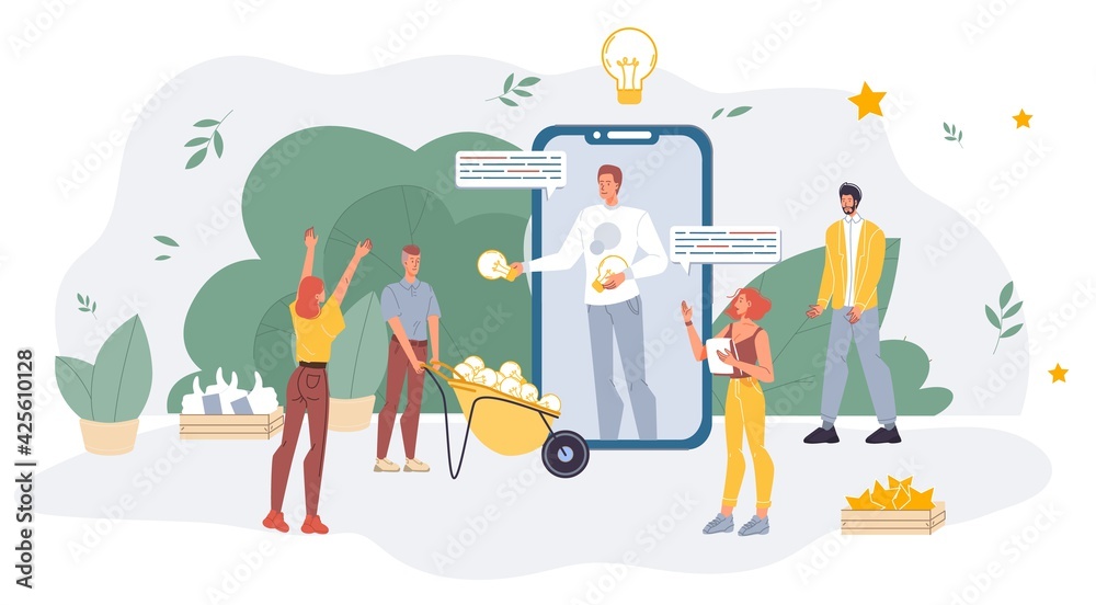 Fototapeta premium Vector cartoon flat farmer characters grows,harvesting social media symbols,idea lamps from smartphone screen-social media marketing,management,smm,creative concept for web online banner,ad,site
