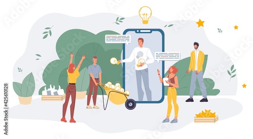 Vector cartoon flat farmer characters grows,harvesting social media symbols,idea lamps from smartphone screen-social media marketing,management,smm,creative concept for web online banner,ad,site