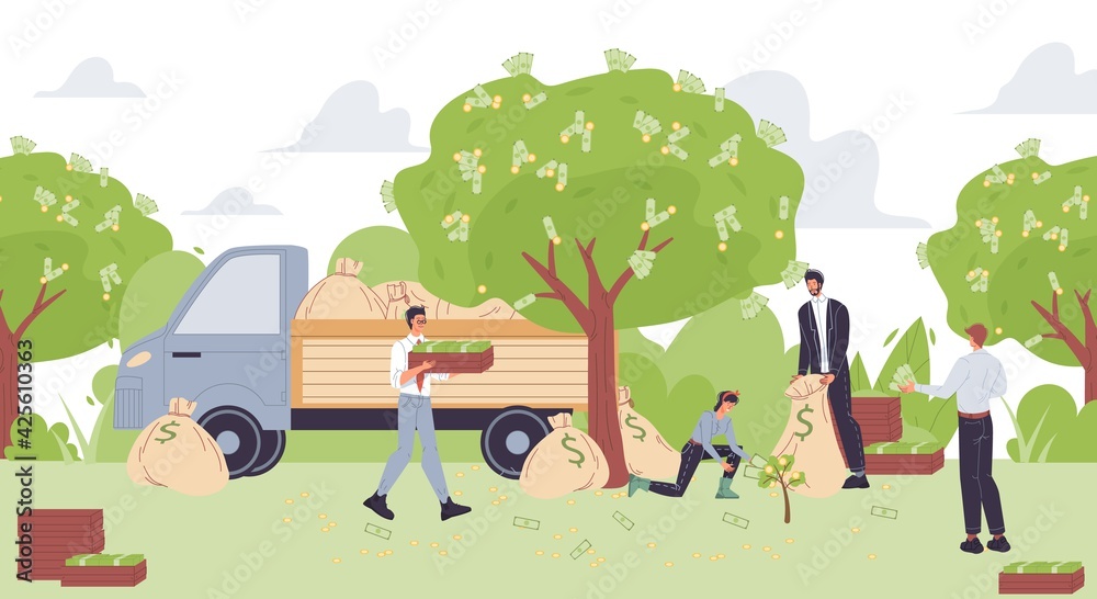 Vector cartoon flat business characters grows profit,harvesting money income,load cash on truck-financial future investment,startup,creative ideas concept for web online banner,ad,site design Vector cartoon flat business characters grows profit,harvesting money income,load cash on truck-financial future investment,startup,creative ideas concept for web online banner,ad,site design