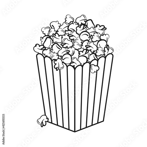 Popcorn box or bucket full of popcorn for cinema snack food concept in outline vector icon