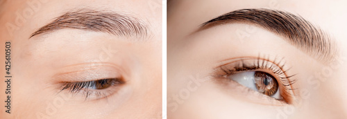 Before and after correction of brow hair. Young woman with beautiful eyebrows