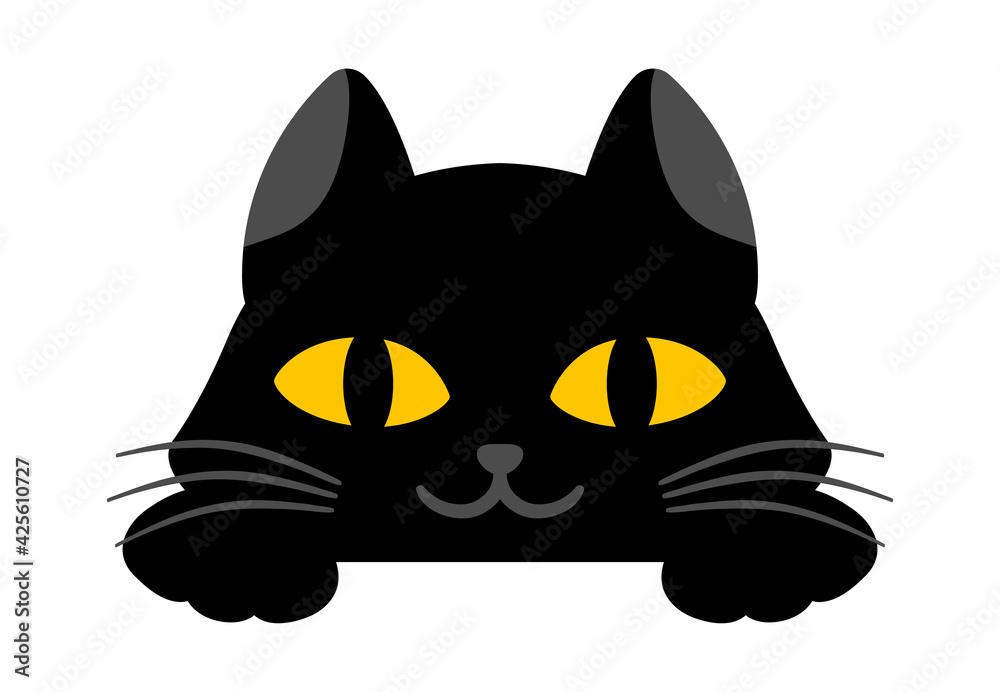 Black cute cat is smiling slyly on white background