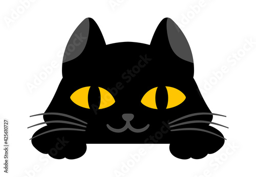 Black cute cat is smiling slyly on white background