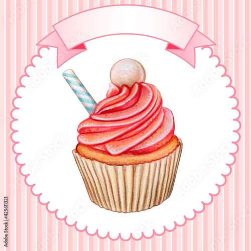 Cute watercolor pink cupcake